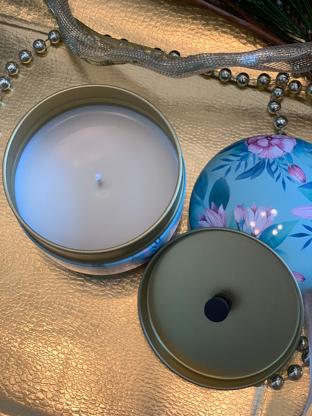 Turquoise and Pink Rose Floral Candle