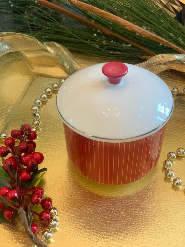 Chic Red and Gold Pinstriped Candle with Top