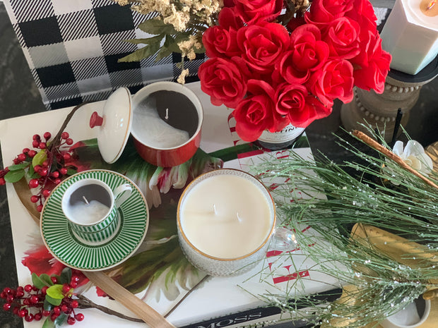 Chic Red and Gold Pinstriped Candle with Top